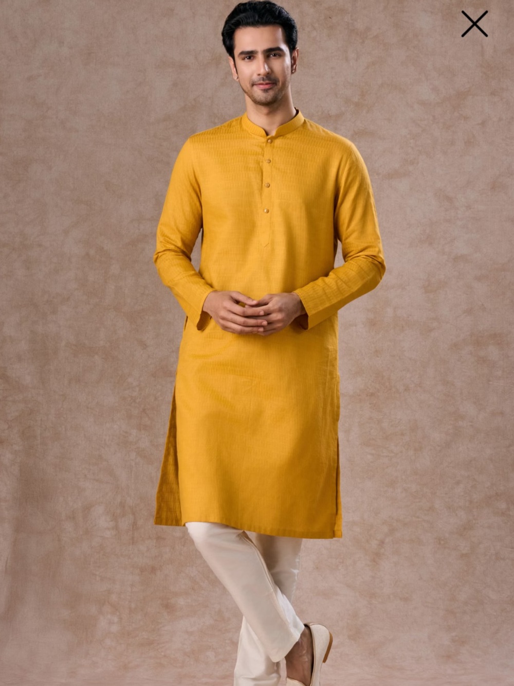 Men's Mustard Yellow Casual Kurta with Mandarin Collar